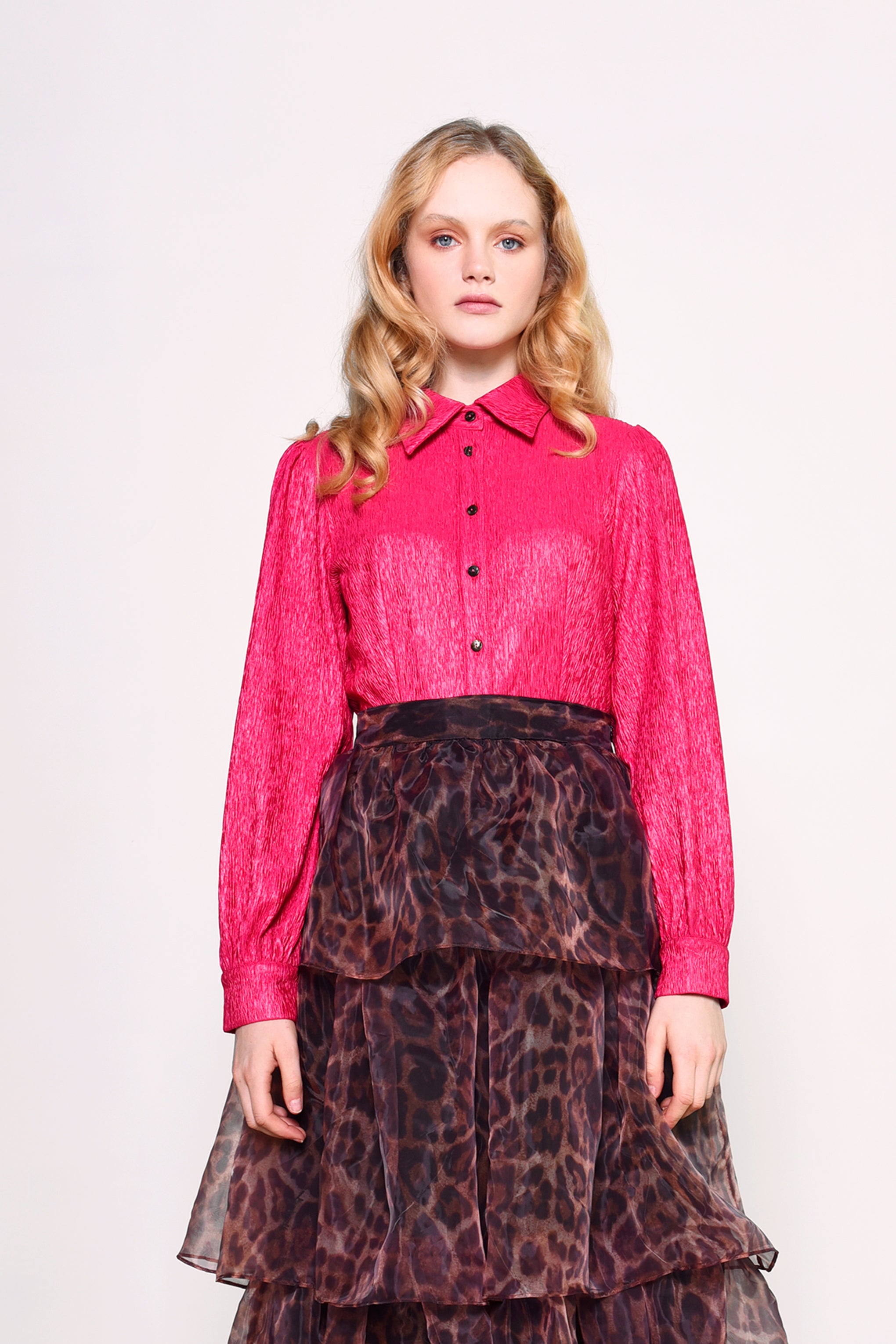 Glamorous Fuchsia Textured Long Sleeve Button Front Shirt