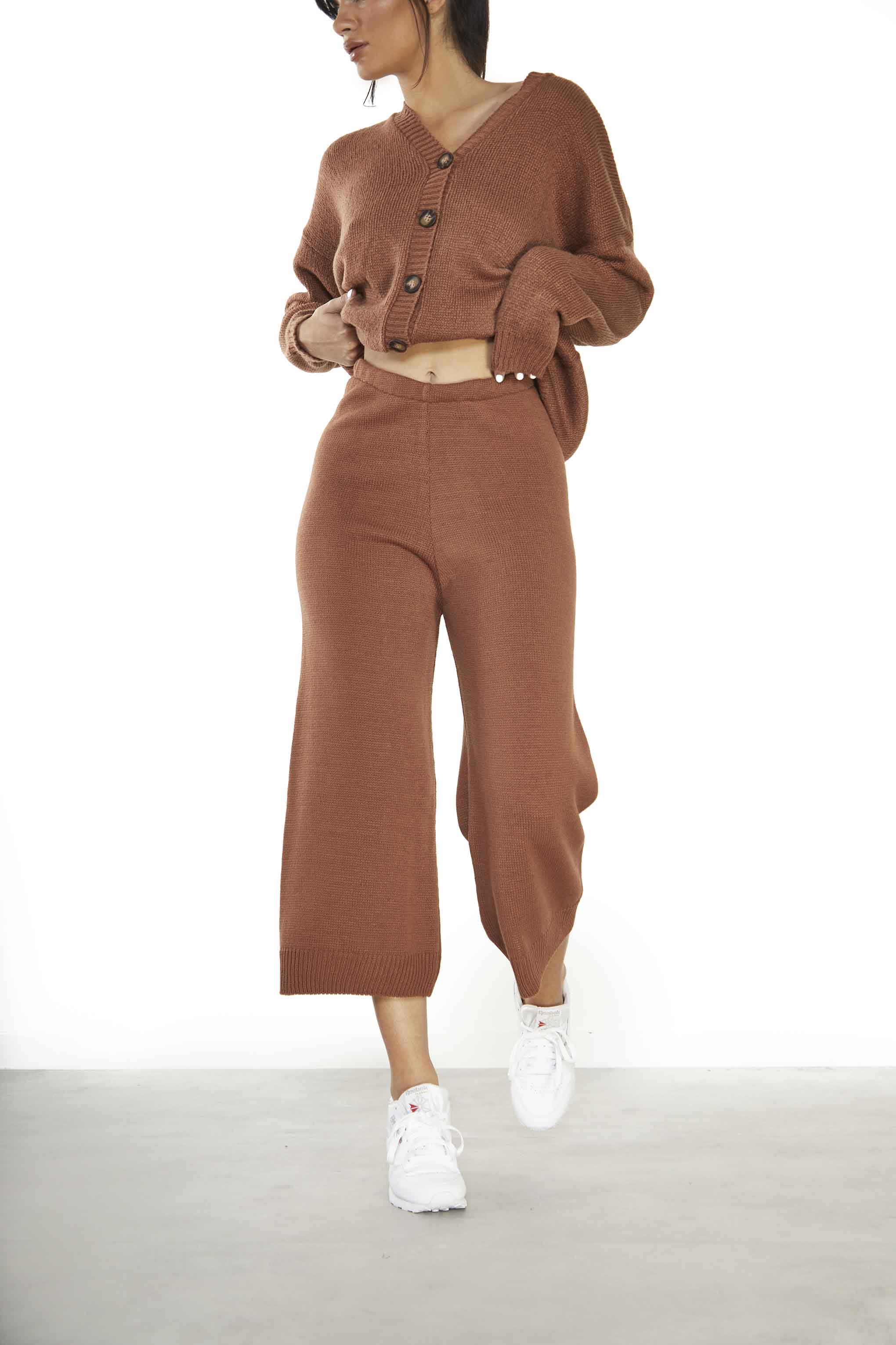 Glamorous Brown Wide Leg Cropped Knit Trousers