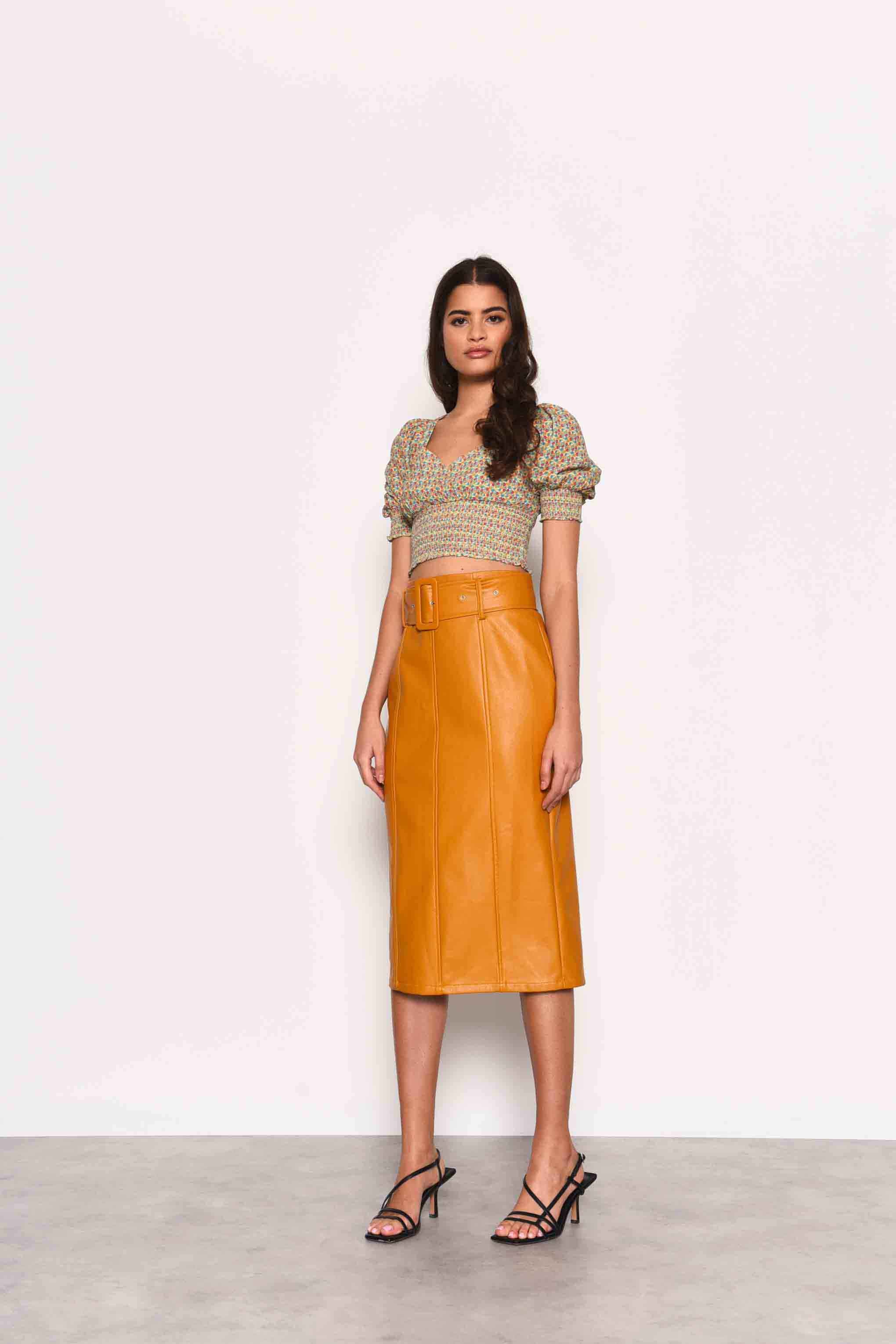 Glamorous Golden Ochre Tailored Midi Skirt with Belt