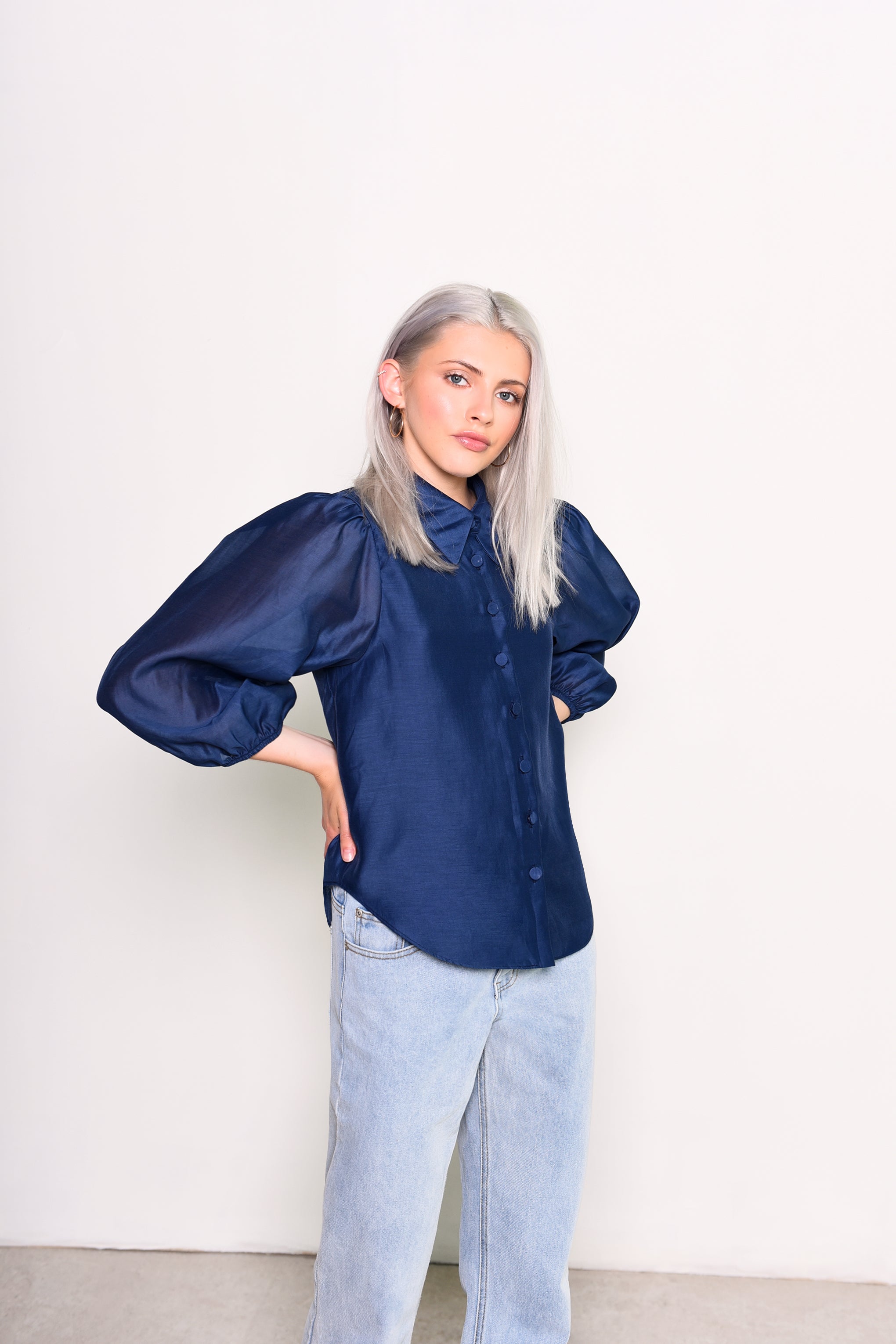 Glamorous Navy Crinkle Organza Puff Sleeve Button Front Shirt