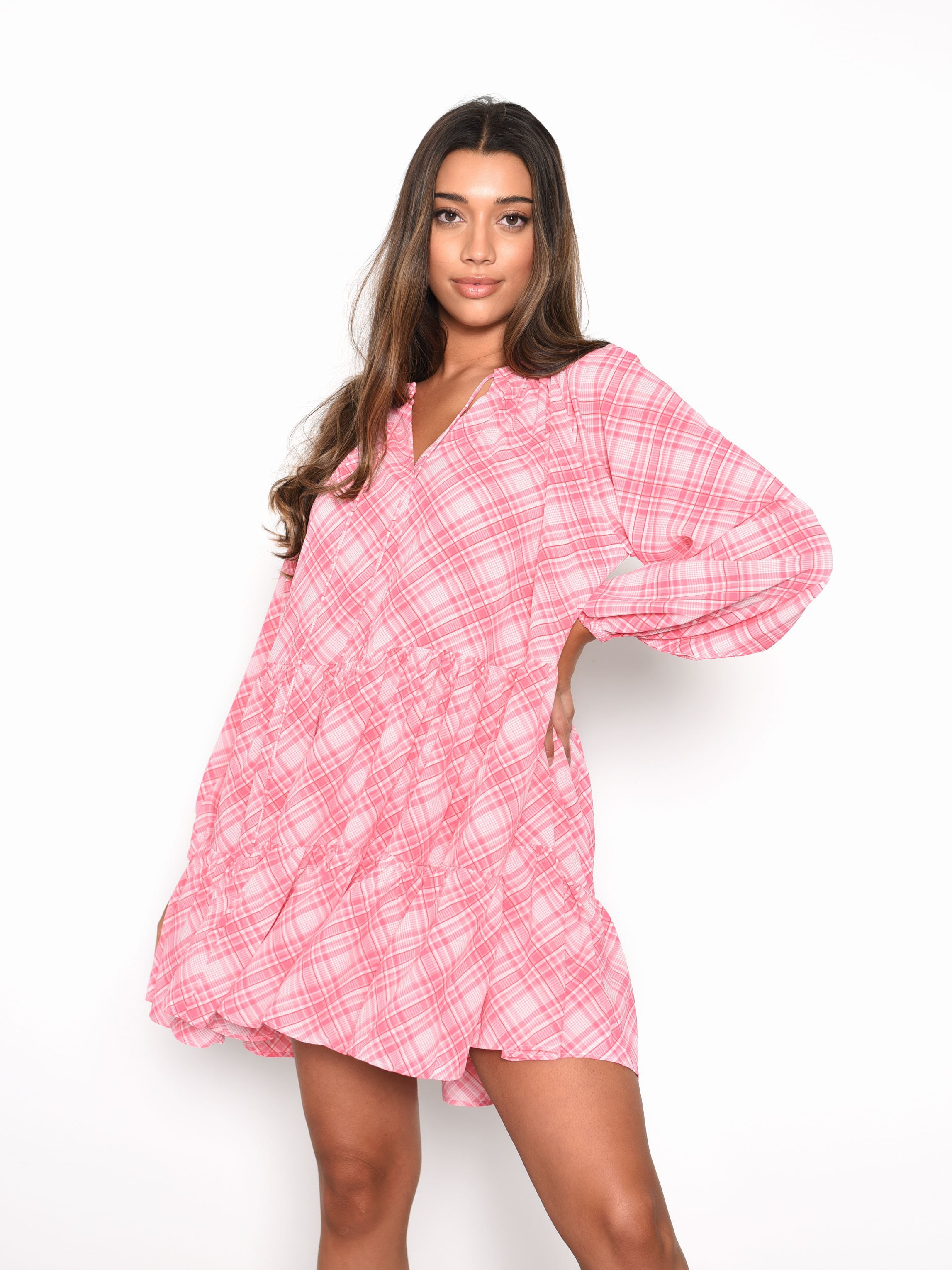 Glamorous Pink Check Long Sleeve Smock Dress