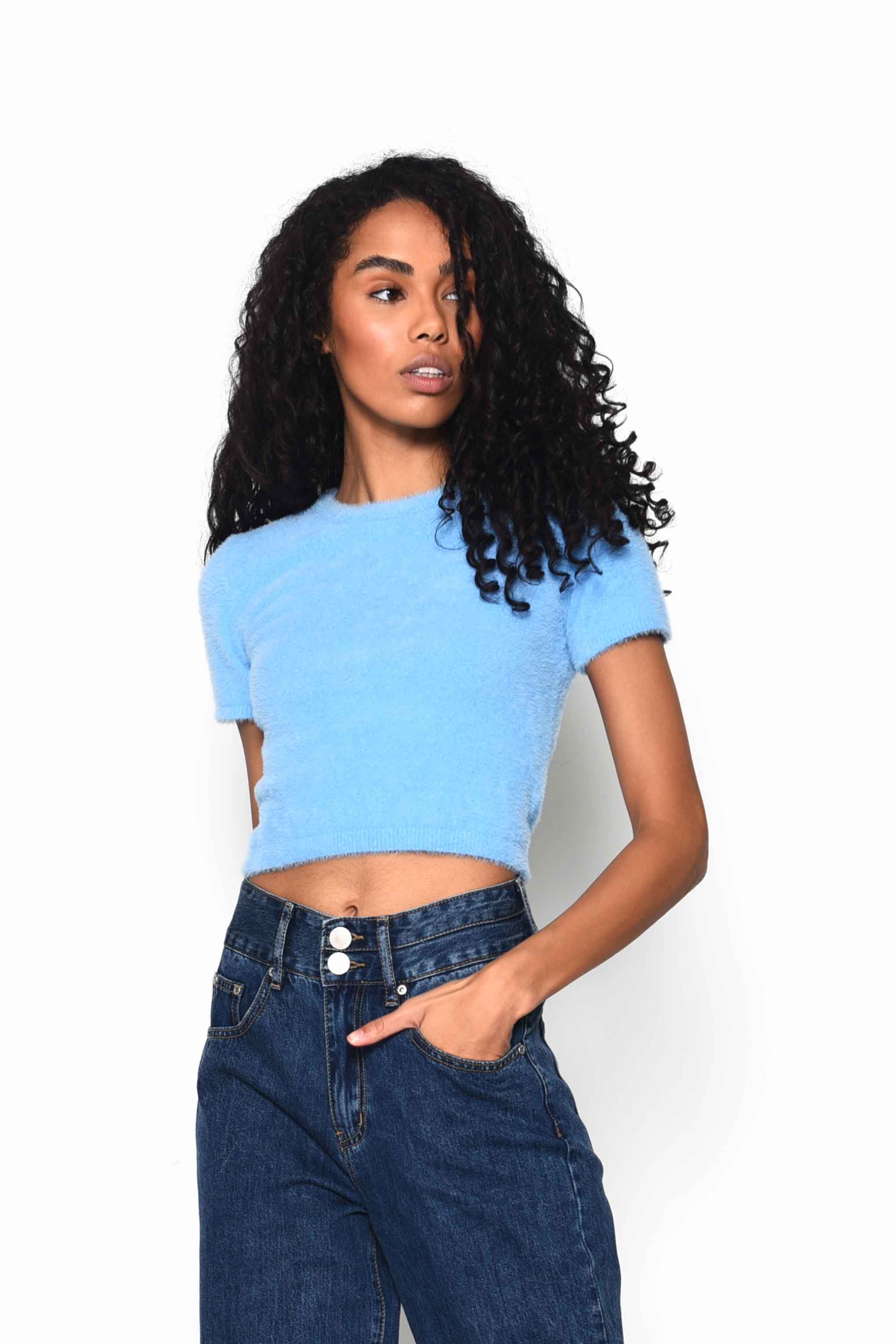 Glamorous Azure Blue Short Sleeve Knitted Crop Top