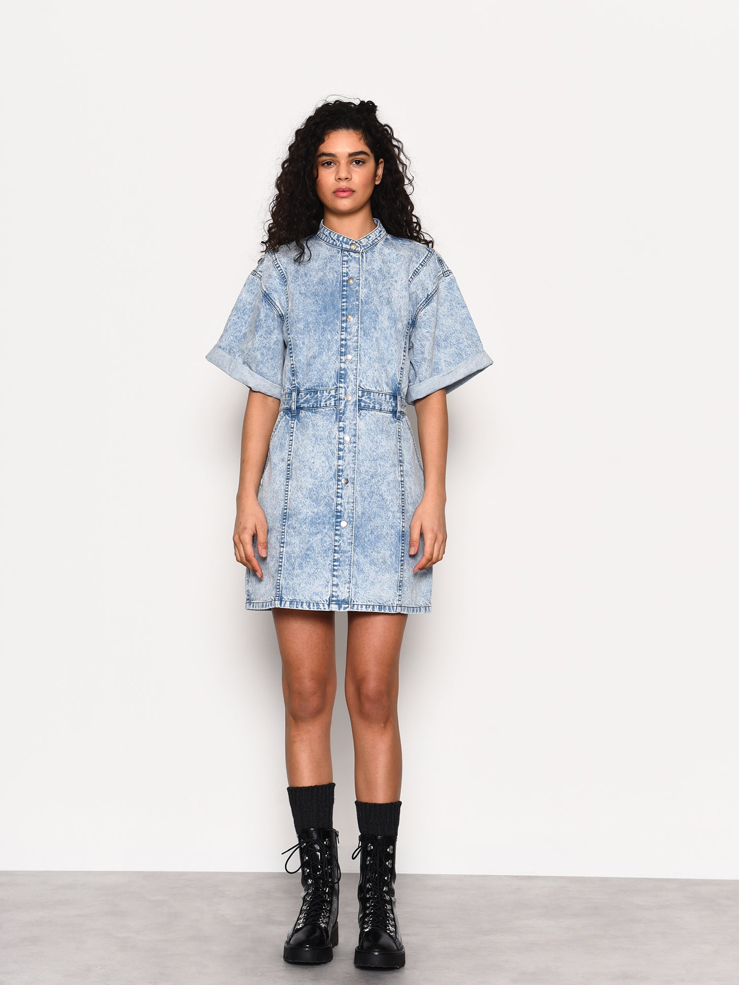 Blue Acid-Wash Denim Button Front Mini-Dress