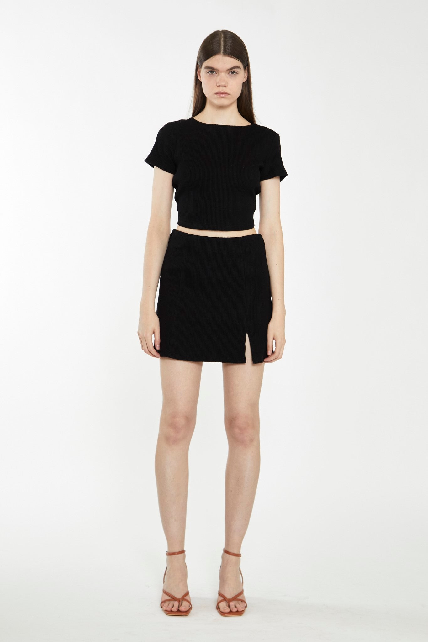 Black Rib Side Split Miniskirt