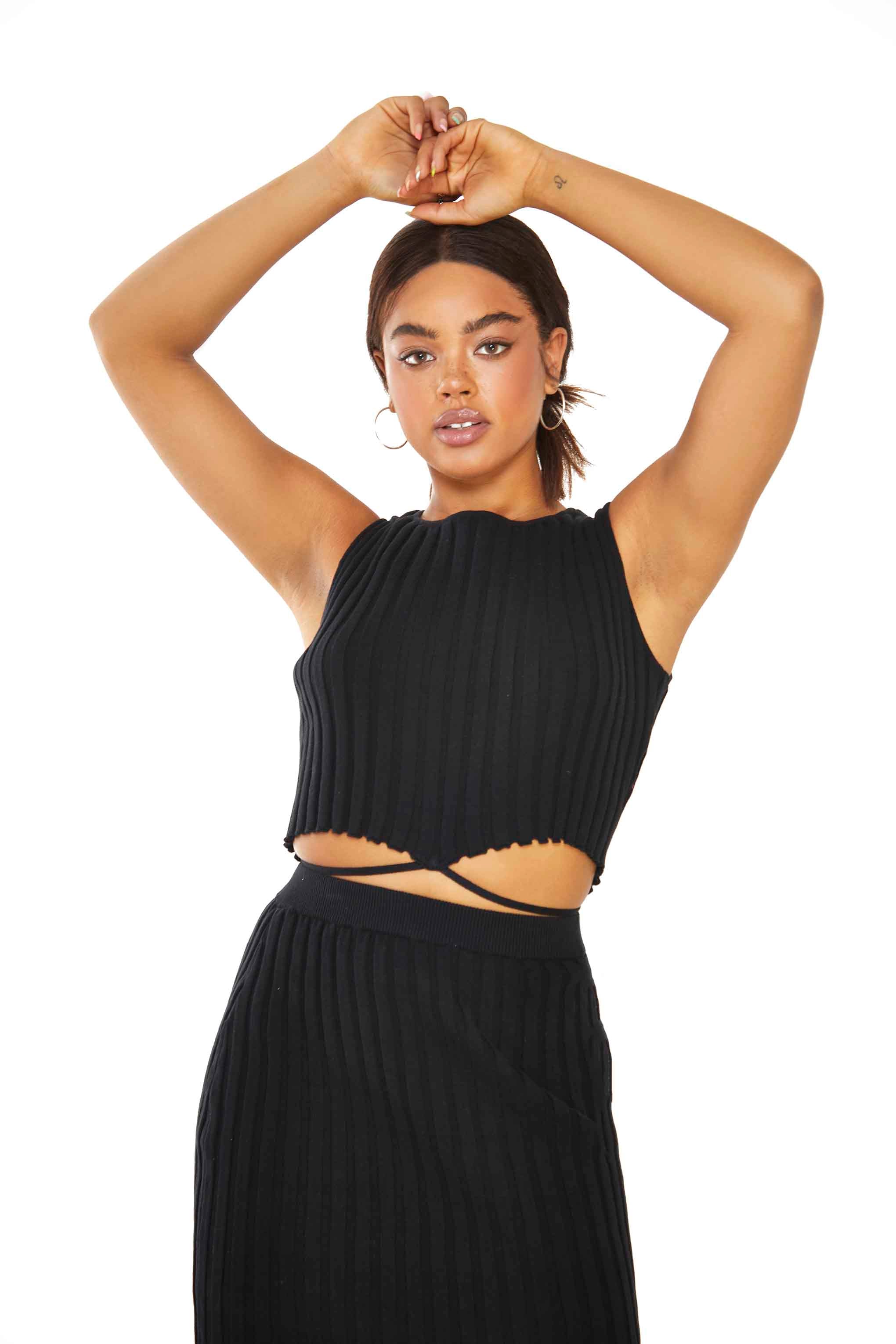 Glamorous Black Rib Knit Crop top with Waist Tie