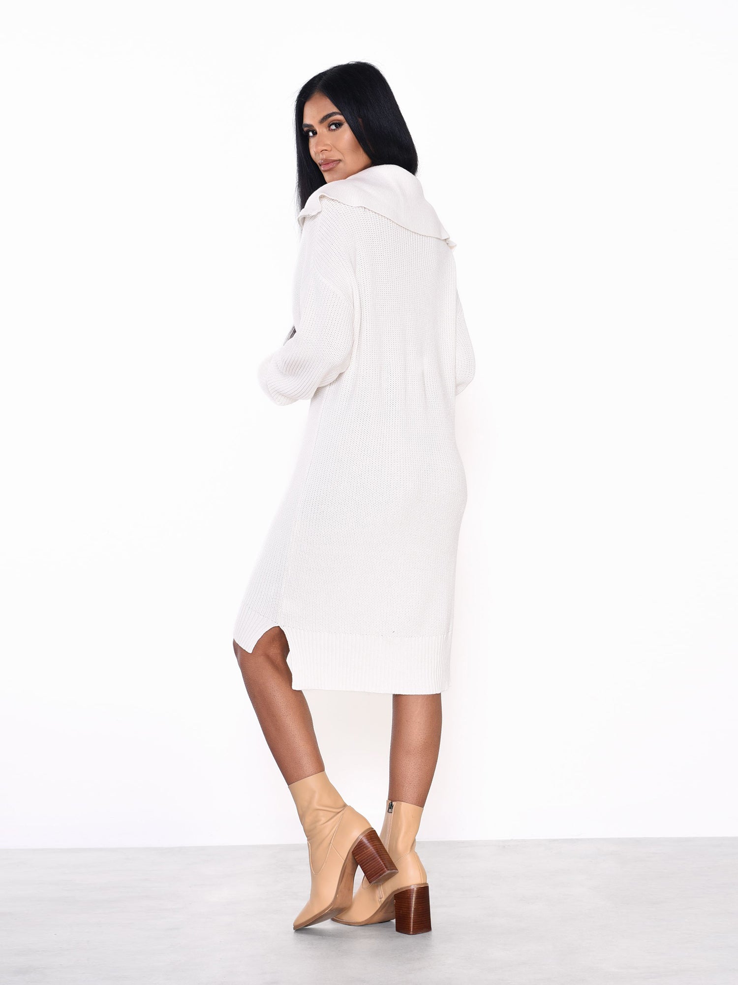 Glamorous Off White Quarter Zip Knit Midi Dress