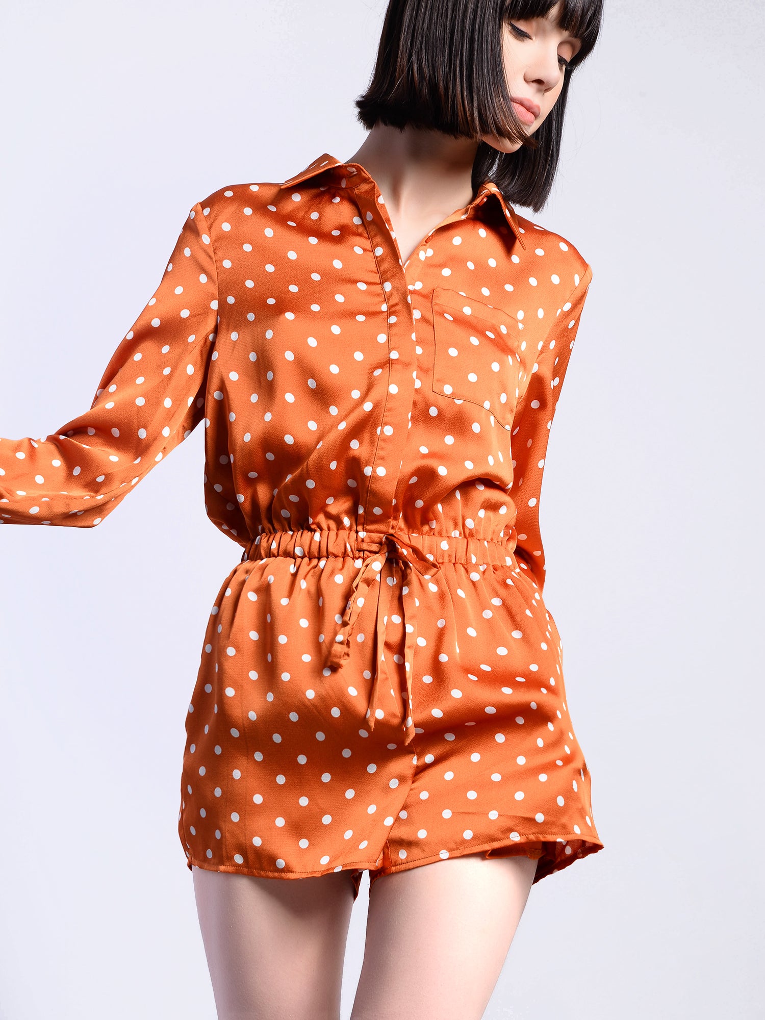 Glamorous Rust Polka Dot Tie Waist Long Sleeve Playsuit