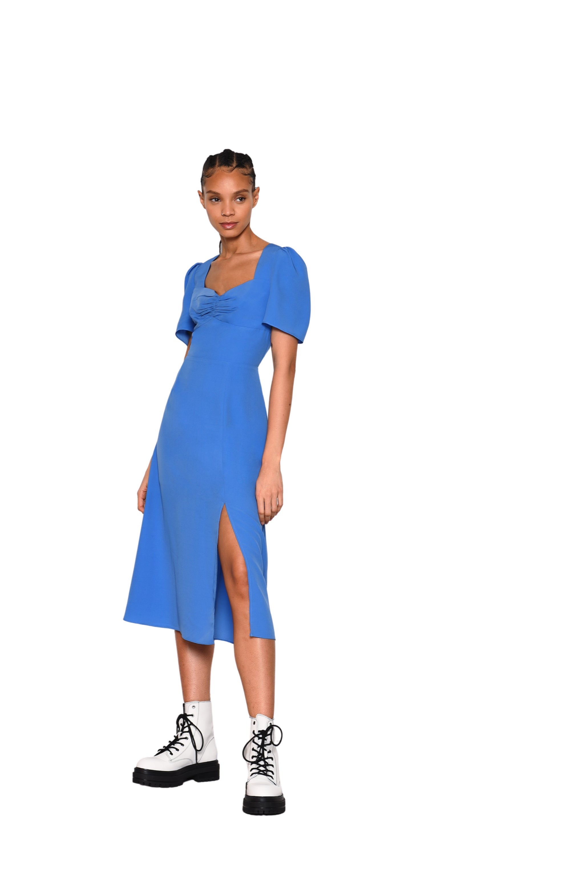 Glamorous Blue Side Split Short Sleeve Midi Dress