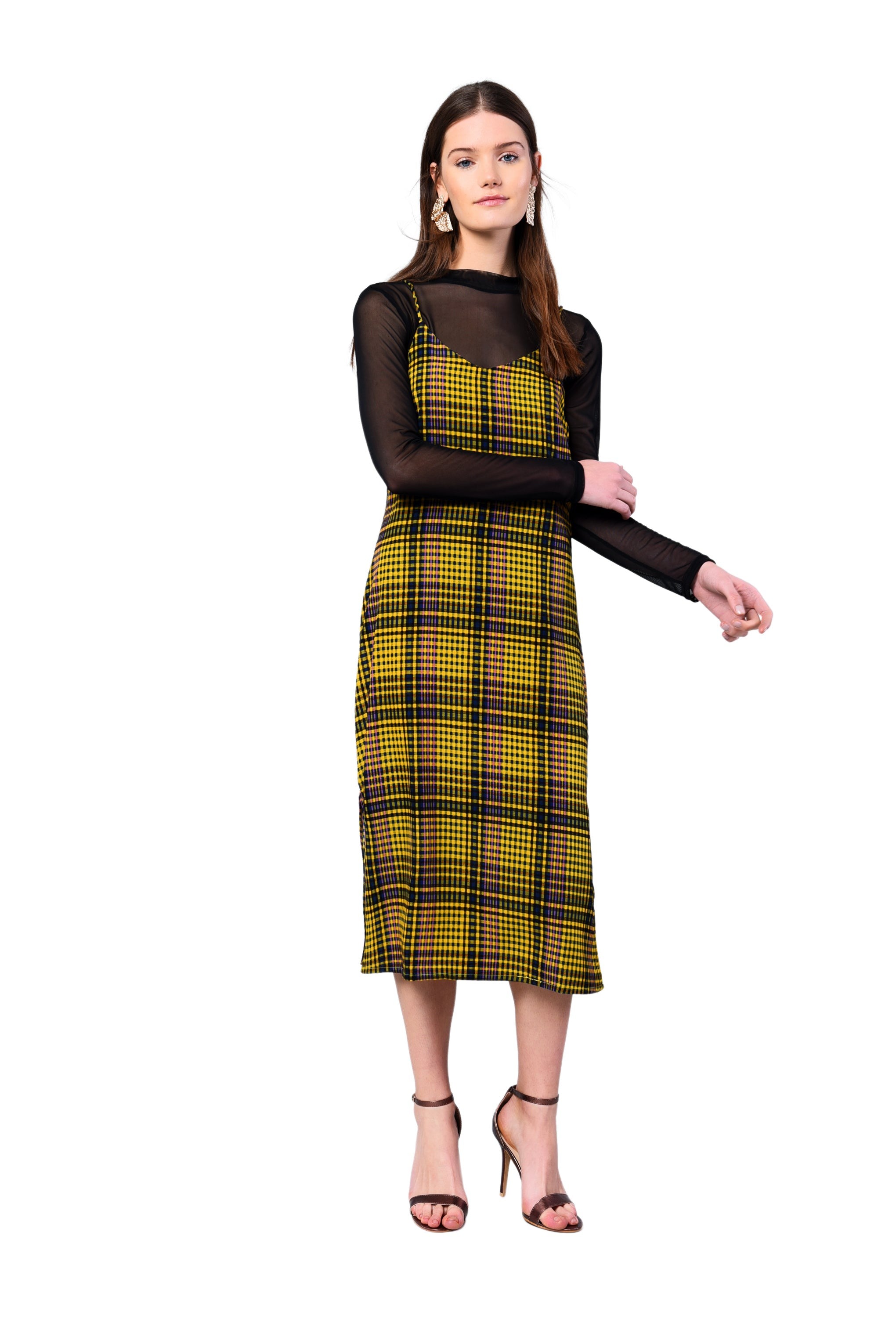 Glamorous Yellow Check Strappy Midi Dress