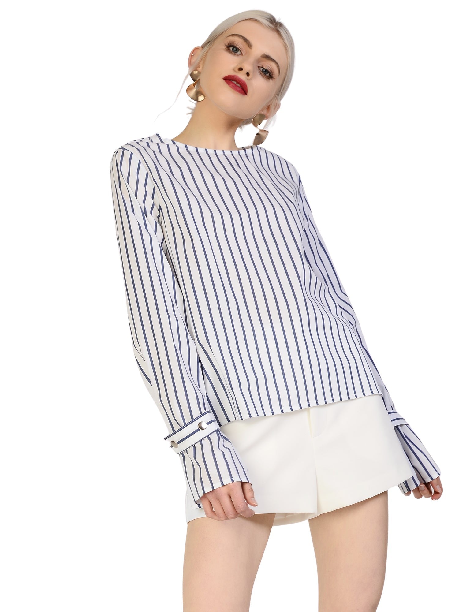 Glamorous White Blue Stripe Cuff Long Sleeve Shirt