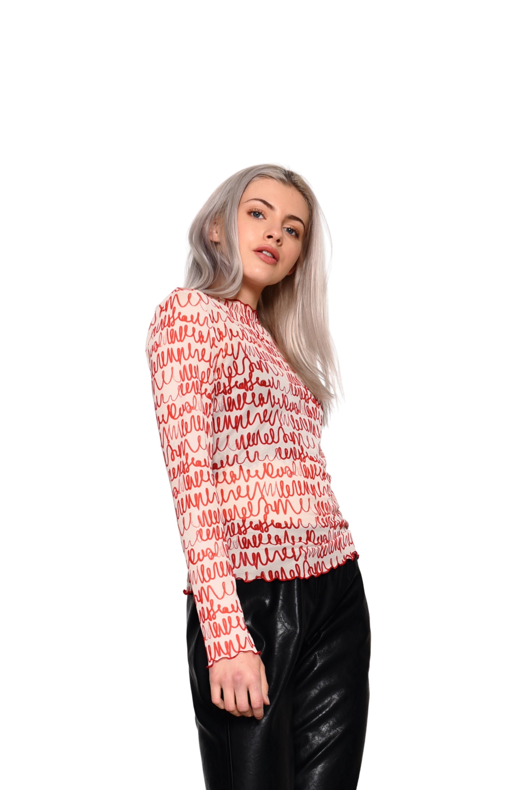 Glamorous Scribble Intarsia Sheer Mesh Long Sleeve Top