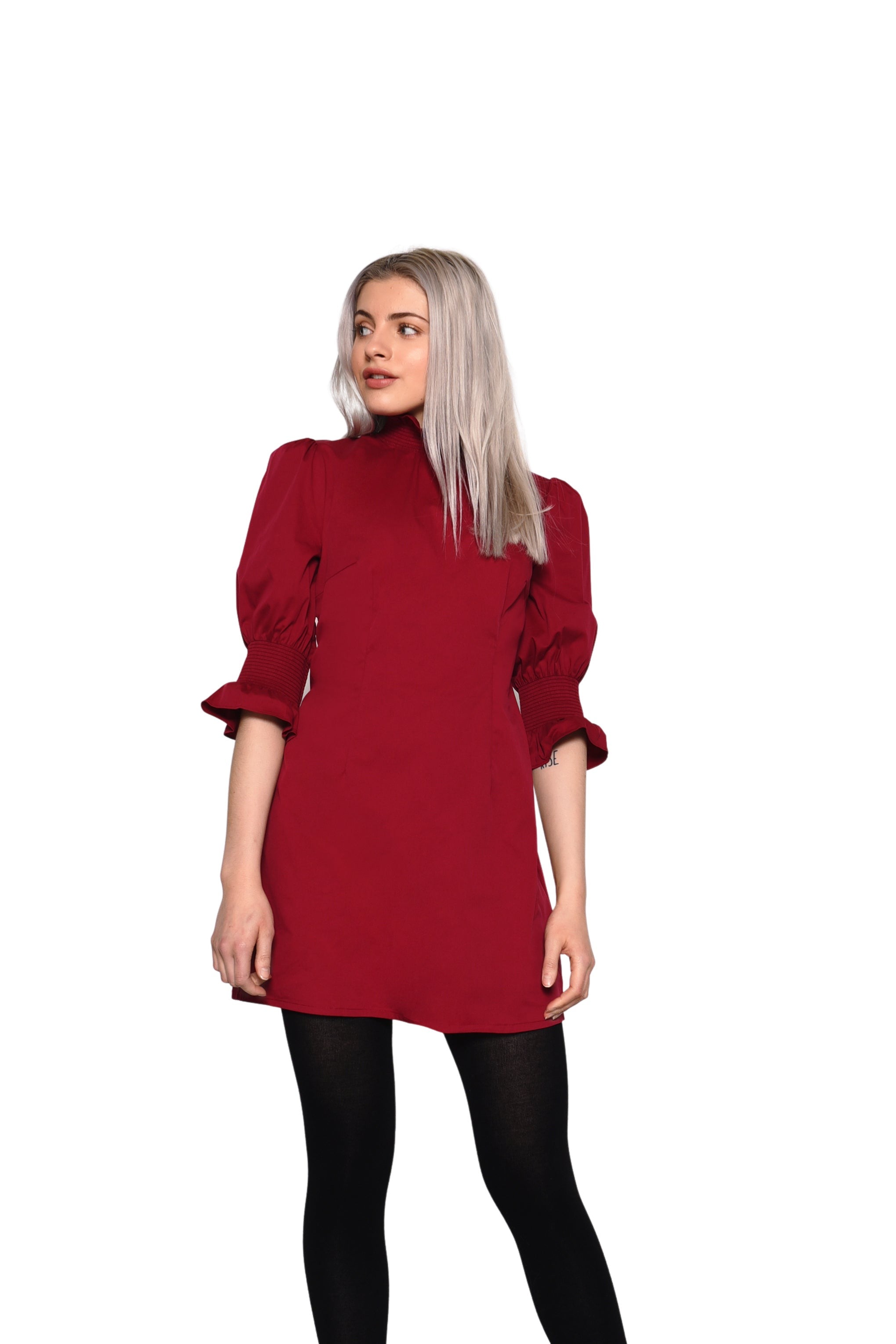 Glamorous Wine 3/4 Length Sleeve High Neck Mini Dress