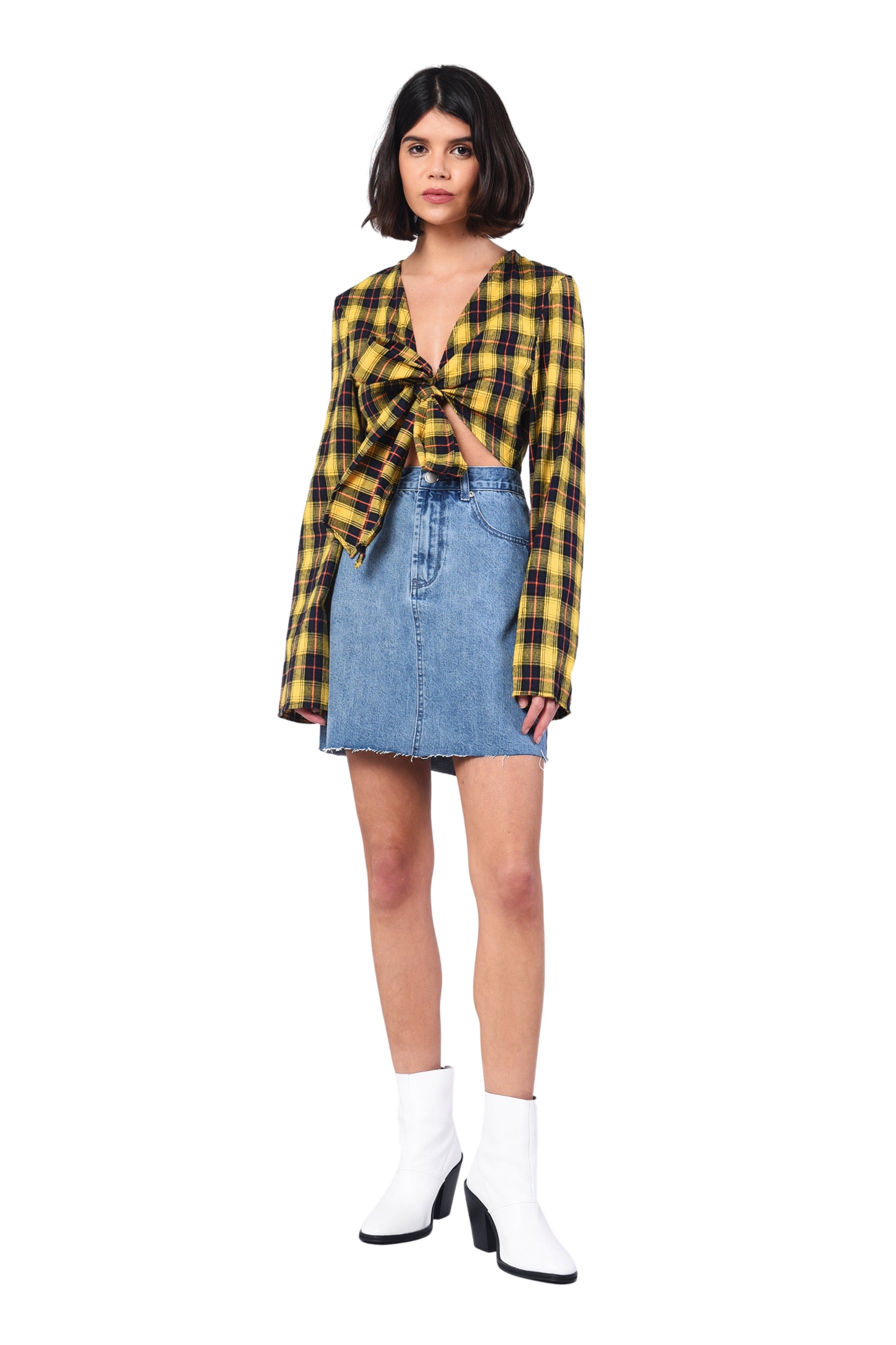 Glamorous Yellow Tartan Tie Front Long Sleeve Crop top