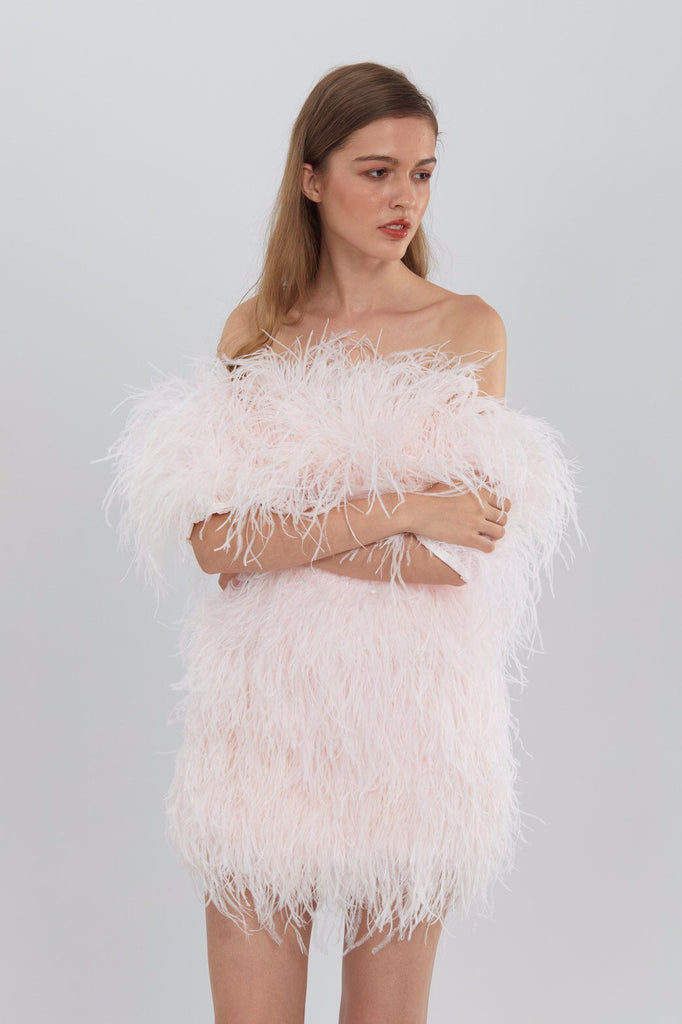 SGinstar Teya Pale Pink Off The Shoulder Feather Mini Dress – sginstar