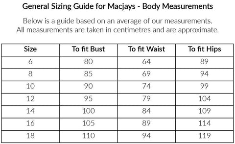 Macjays Size Chart
