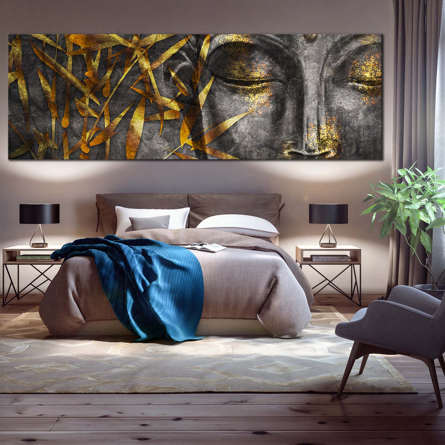 3D Buddha Canvas Wall Art, Gold Leaves Buddha Canvas Print, Grey