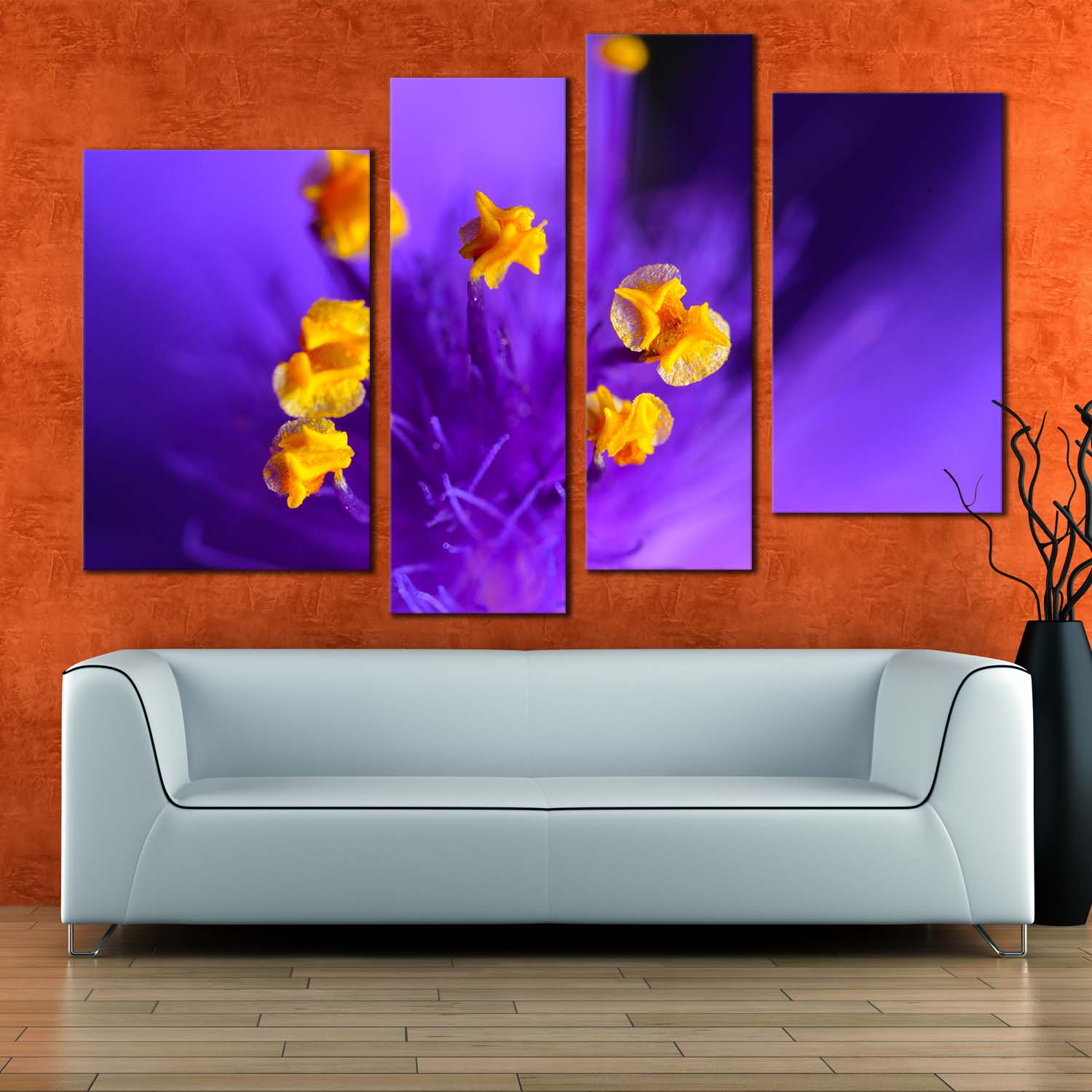 Isolated Flower Canvas Print, Yellow Pistil 4 Piece Canvas Wall Art, Purple Floral Digital Painting Multiple Canvas