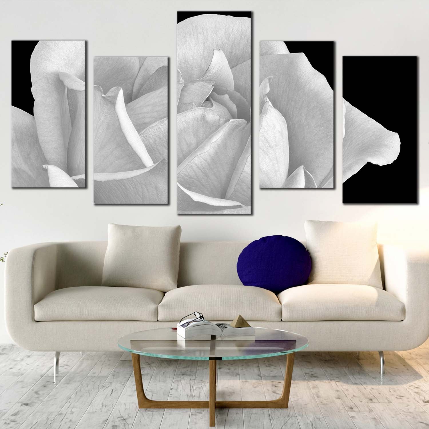 Rose Blossom Canvas Wall Art, Black and White Flowers 5 Piece Canvas P