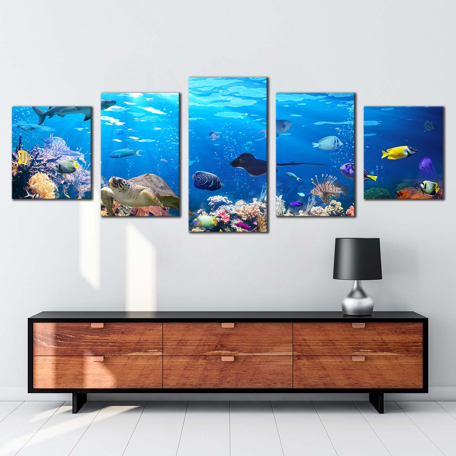 Underwater Sun Canvas Wall Art, Exotic Underwater Colorful Coral Reef ...