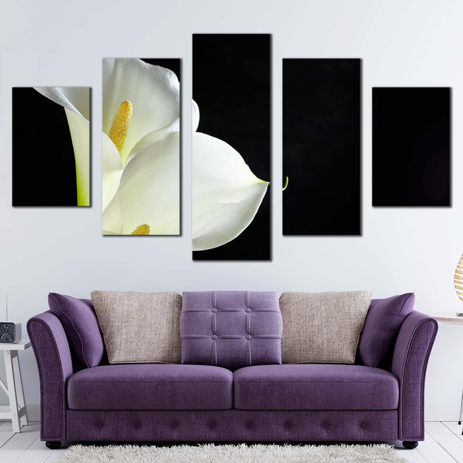 Lily Floral Canvas Wall Art, Black Background Isolated Flower 5 Piece