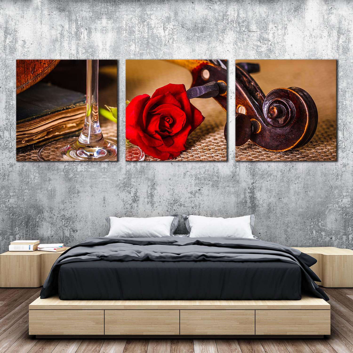 Violin Scroll Canvas Wall Art, Romantic Brown Violin Multi Canvas, Red Rose Flower 3 Piece Canvas Print