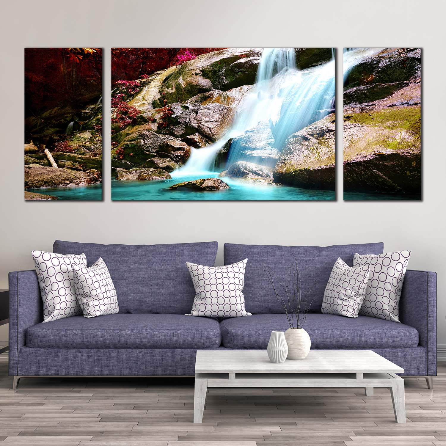 Amazing Scenery Canvas Wal art, Red Trees Forest Waterfall 3 Piece Can ...
