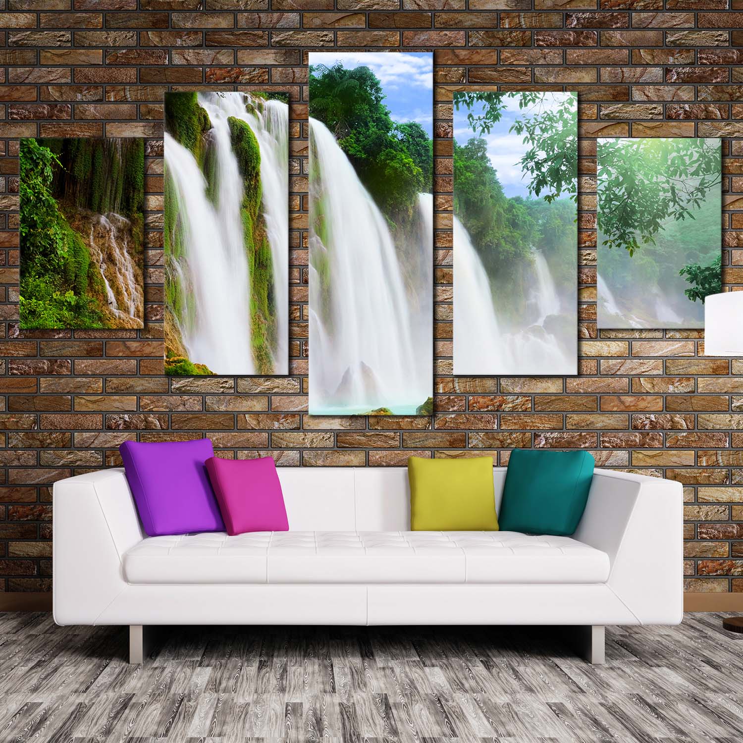Amazing Waterfall Canvas Print, Green Nature Scenery Multi Canvas Artwork, Blue Waterfall Forest 5 Piece Canvas Print