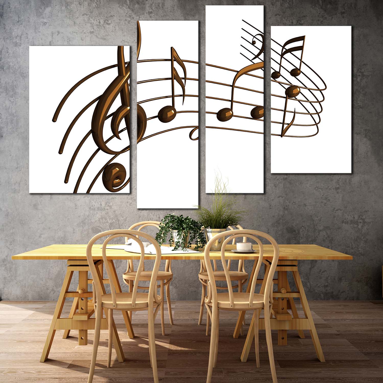 Curved Music Canvas Wall Art, Brown Modern Music Notes 4 Piece Canvas ...