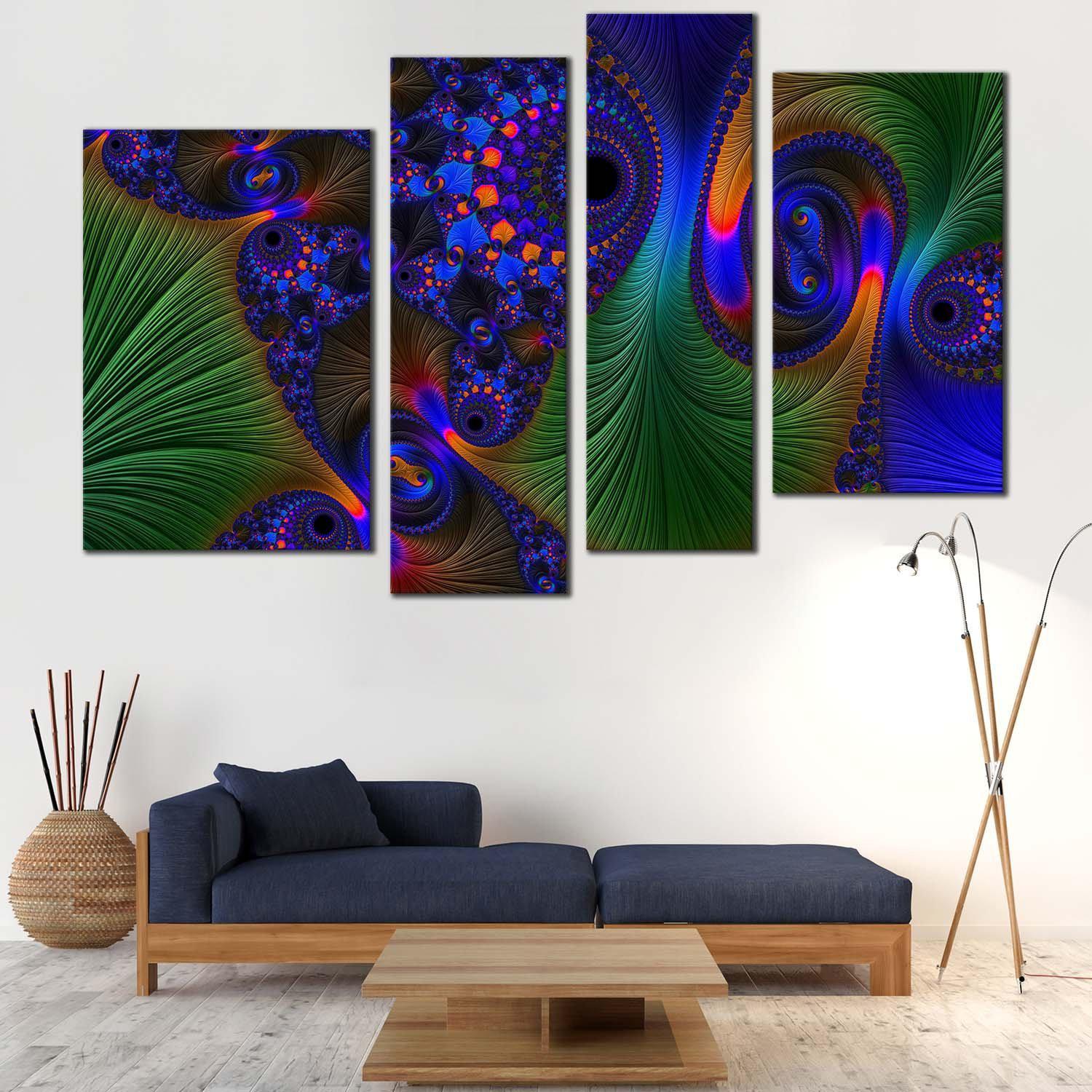 Deep Abstract Canvas Wall Art, Blue Green Fractal Abstraction 4 Piece ...