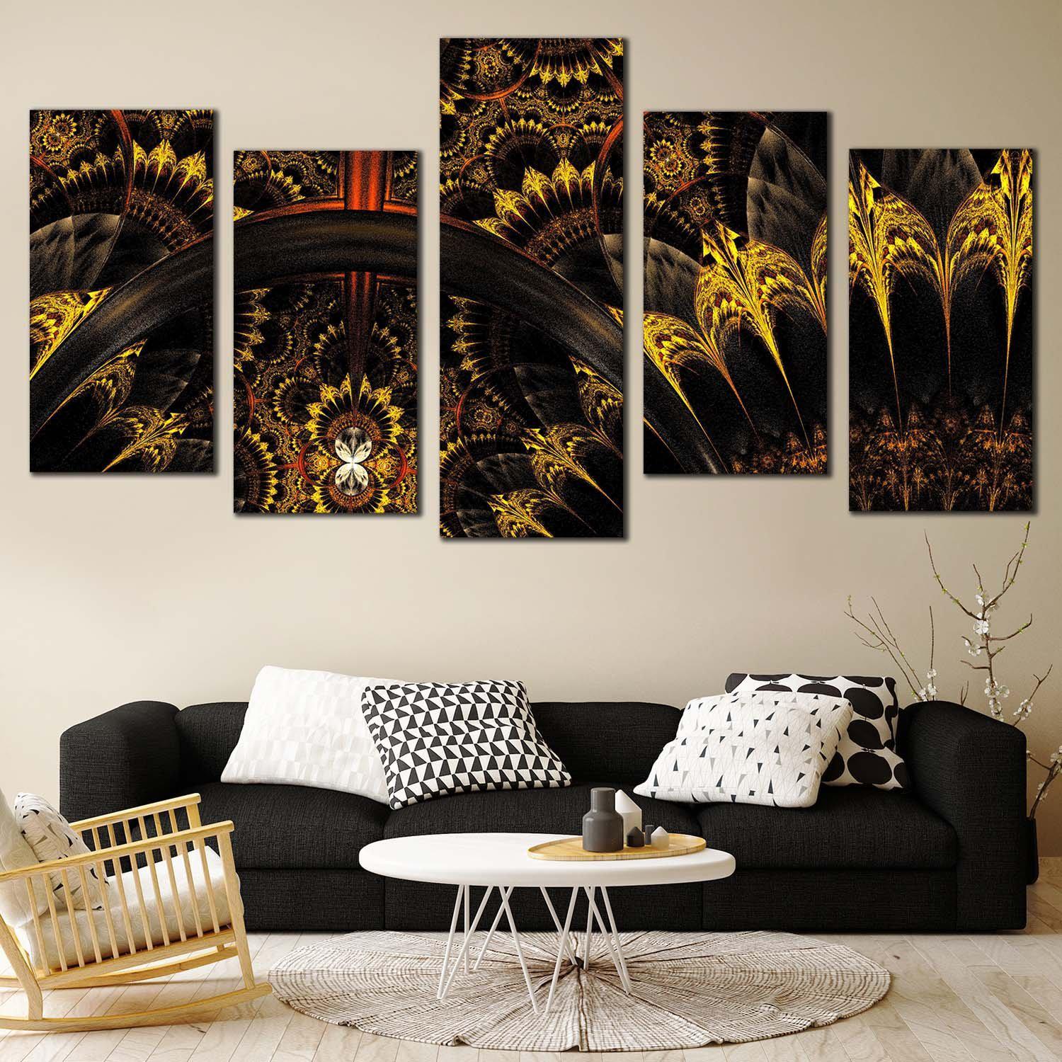 Digital Abstract Canvas Print, Black Yellow Fractal Flower 5 Piece Can ...