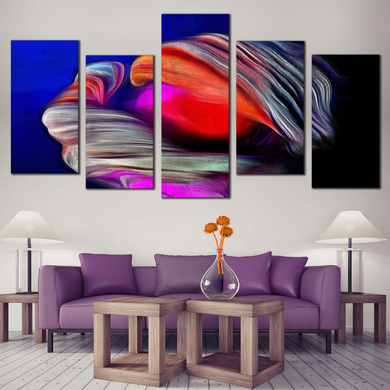 Fractal Psychedelic Canvas Wall Art, Red Abstract Grunge 5 Piece Canva ...