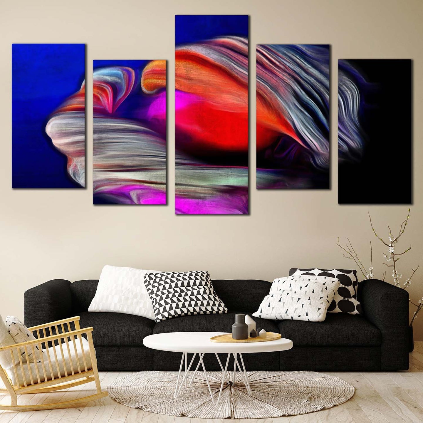 Fractal Psychedelic Canvas Wall Art, Red Abstract Grunge 5 Piece Canva ...