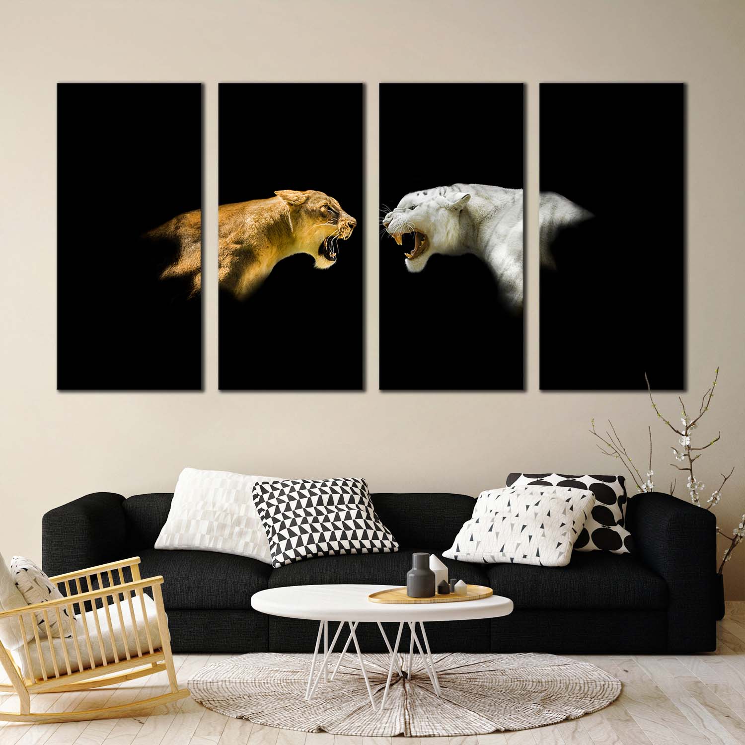 Isolated Cheetah Canvas Wall Art, Tiger Roar Canvas Set, White Yellow Cheetah Profile 4 Piece Canvas Print