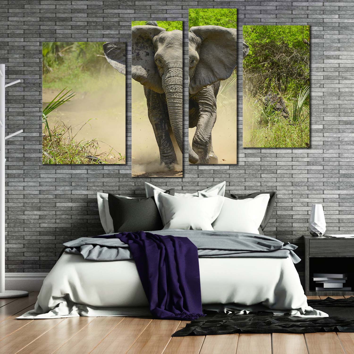 Isolated Elephant Canvas Wall Art, Green Trees Scenery Elephant Multi