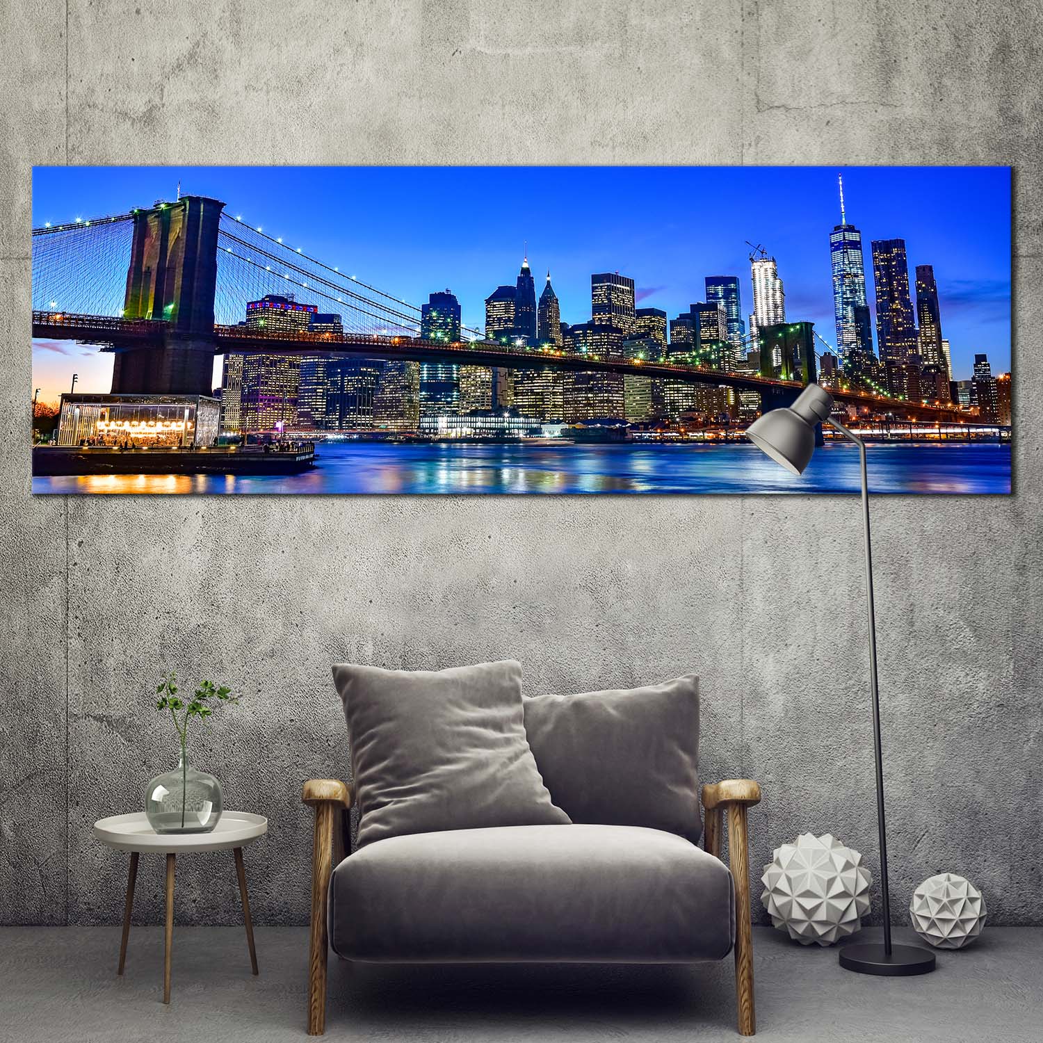 Manhattan Cityscape Canvas Wall Art, Black Brooklyn Bridge City Reflec ...