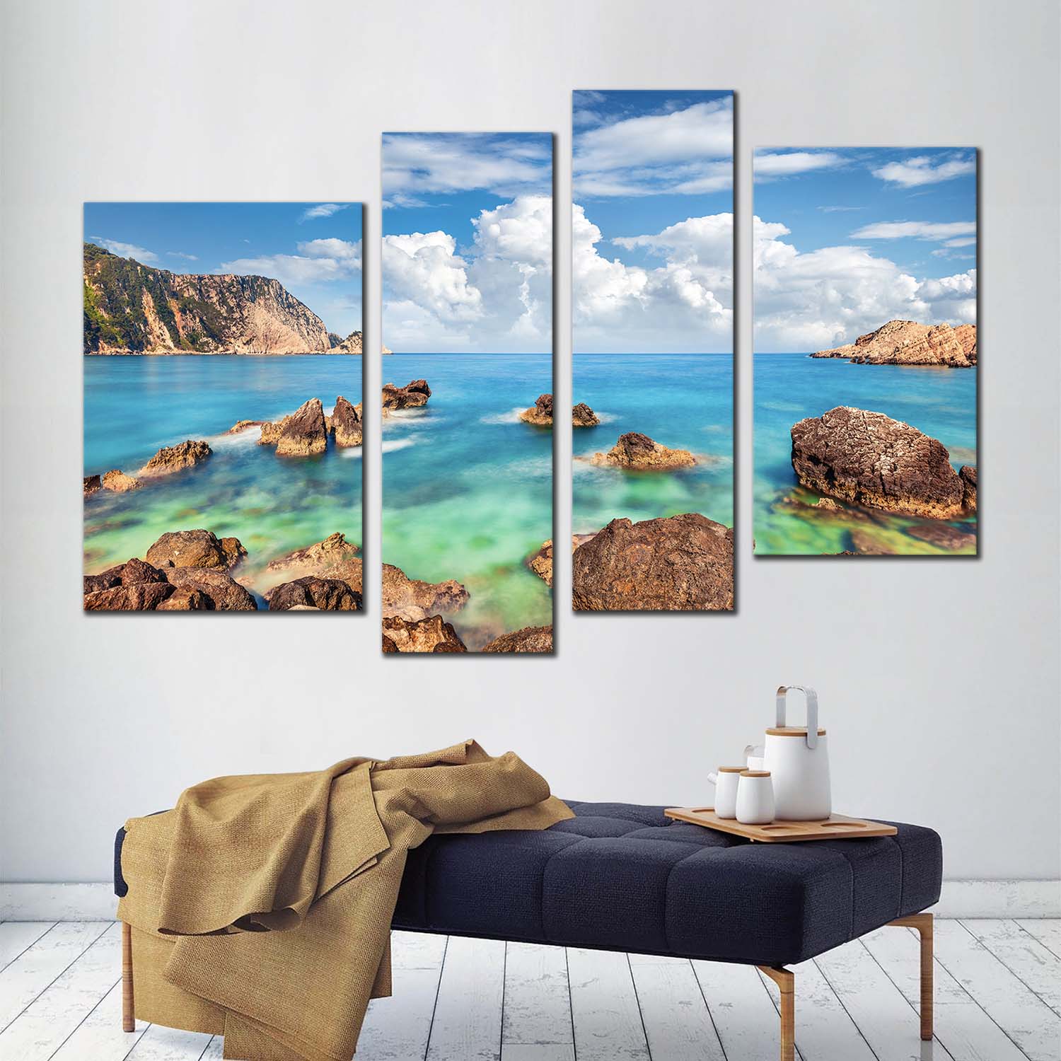 Mediterranen Sea Canvas Wall Art, Brown Ocean Rocks Petani Beach Canva ...