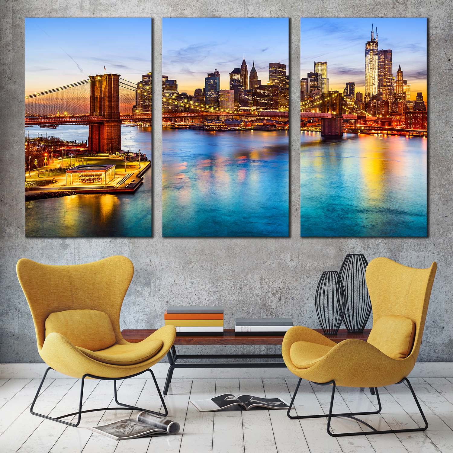 NYC Cityscape Canvas Wall Art, Brown Brooklyn Bridge Canvas Print, Blue