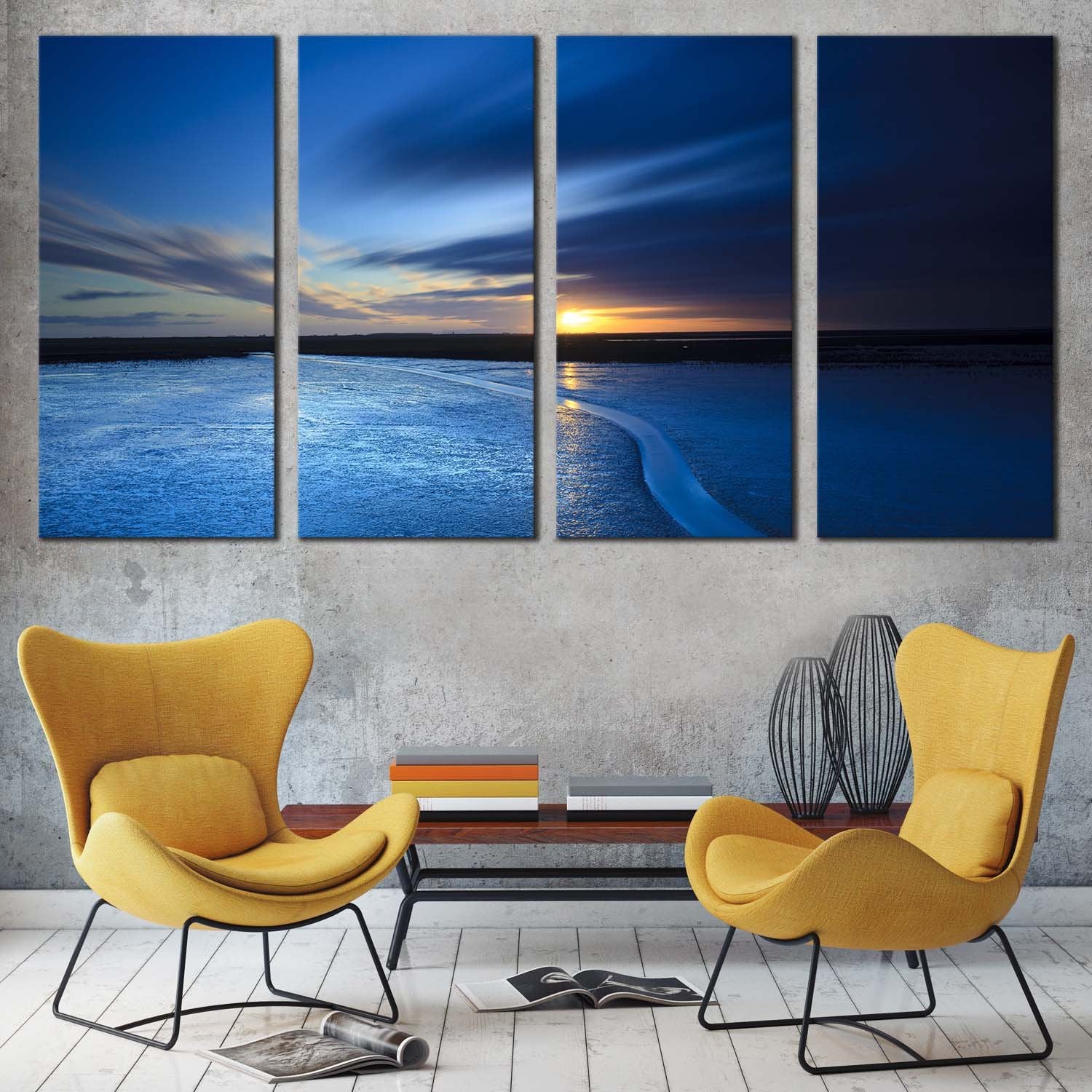 Ocean Sunrise Canvas Wall Art, Blue Ocean Seascape 4 Piece Canvas Set ...
