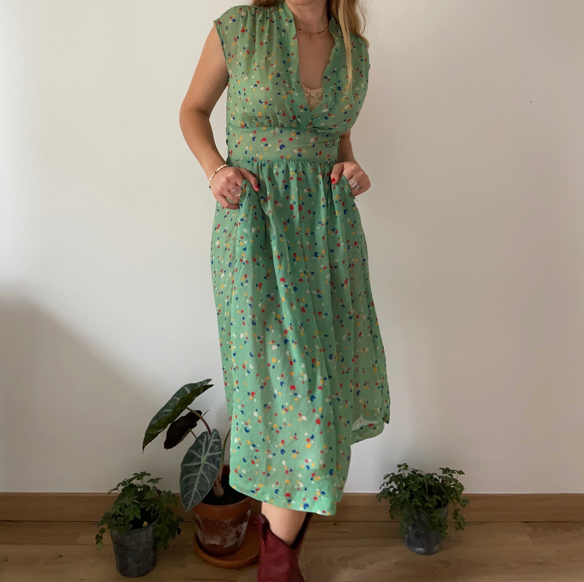50s sheer green dress midi length – Kanelle Vintage