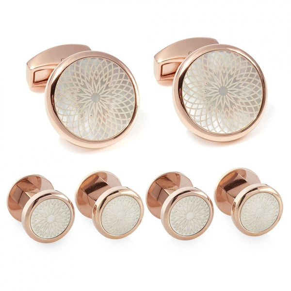 Tateossian Rotondo Guilloche IP Rose Gold Studs and Cufflinks Set