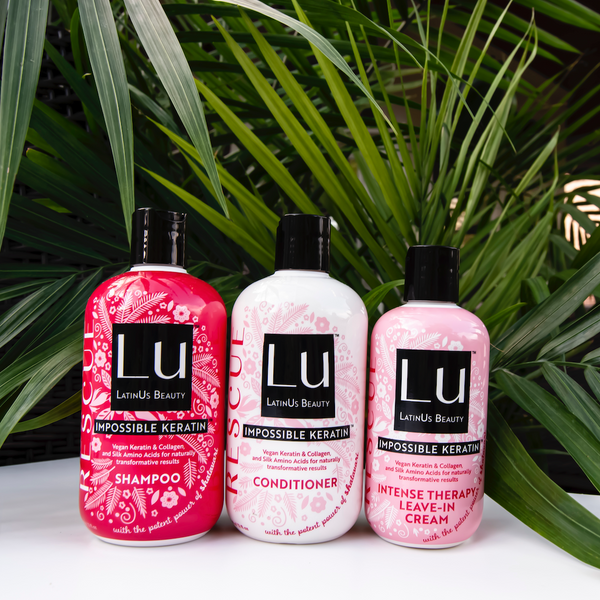 A photo of Lu's Rescue Collection featuring Rescue Shampoo, Rescue Conditioner and Intense Therapy Leave In Cream.