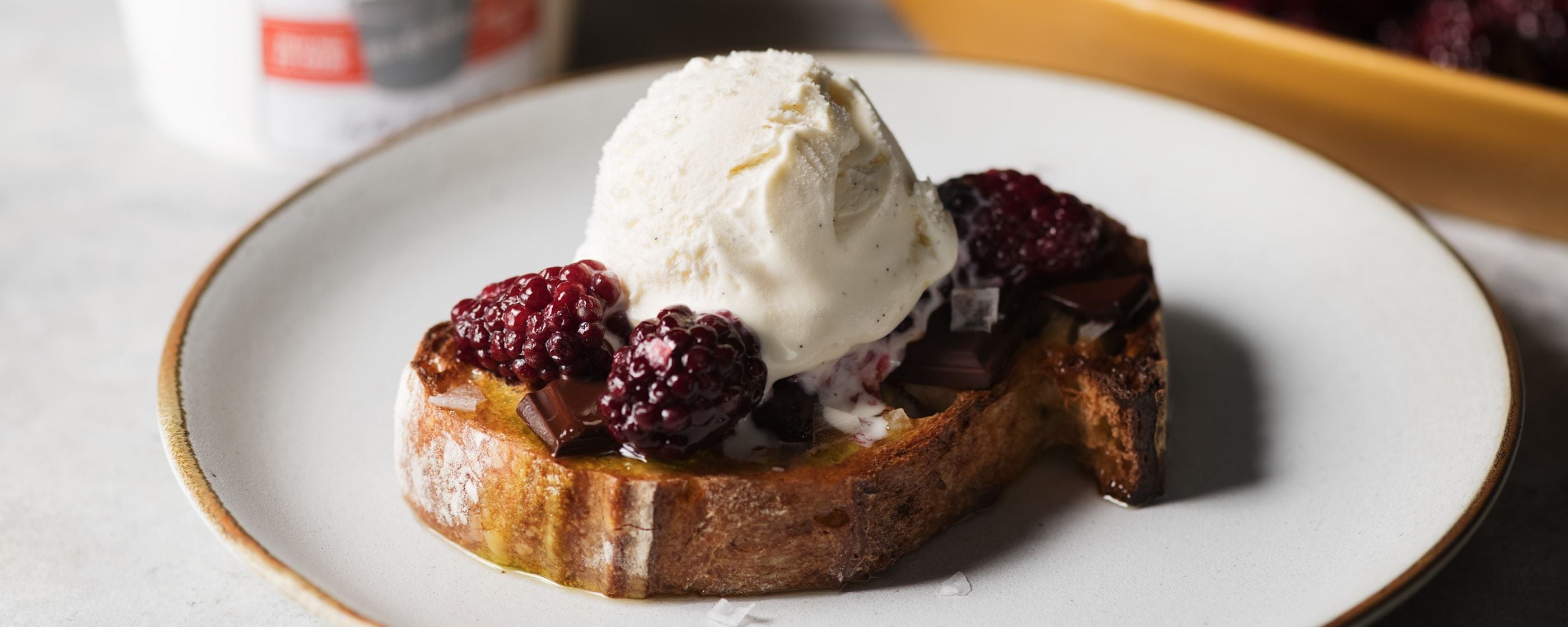 Ice Cream on Toast with<br> Roasted Berries, Chocolate, and Olive Oil