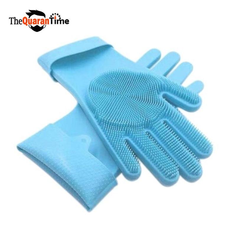 blue rubber cleaning gloves