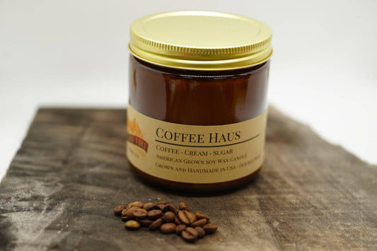 Coffee Haus Soy Wax Candle | 16 oz Double Wick Amber Apothecary Jar - Prairie Fire Candles