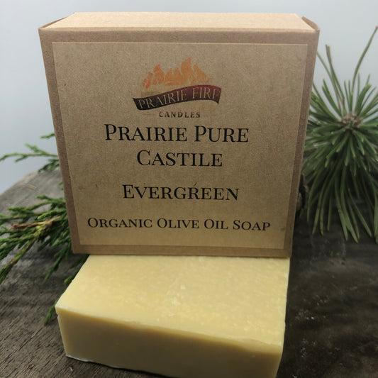 Evergreen Real Castile Organic Olive Oil Soap for Sensitive Skin - Dye Free - 100% Certified Organic Extra Virgin Olive Oil - Prairie Fire Candles