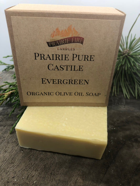 Evergreen Real Castile Organic Olive Oil Soap for Sensitive Skin - Dye Free - 100% Certified Organic Extra Virgin Olive Oil - Prairie Fire Candles