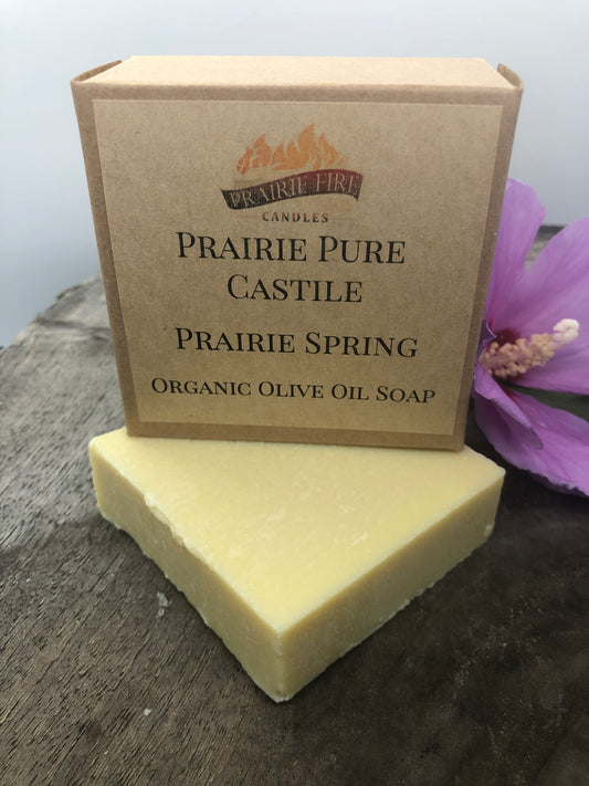 Prairie Spring Real Castile Organic Olive Oil Soap for Sensitive Skin - Dye Free - 100% Certified Organic Extra Virgin Olive Oil - Prairie Fire Candles