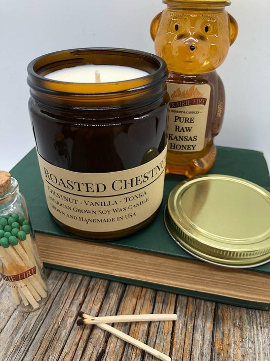 Roasted Chestnut Soy Wax Candle | 9 oz Amber Apothecary Jar - Prairie Fire Candles