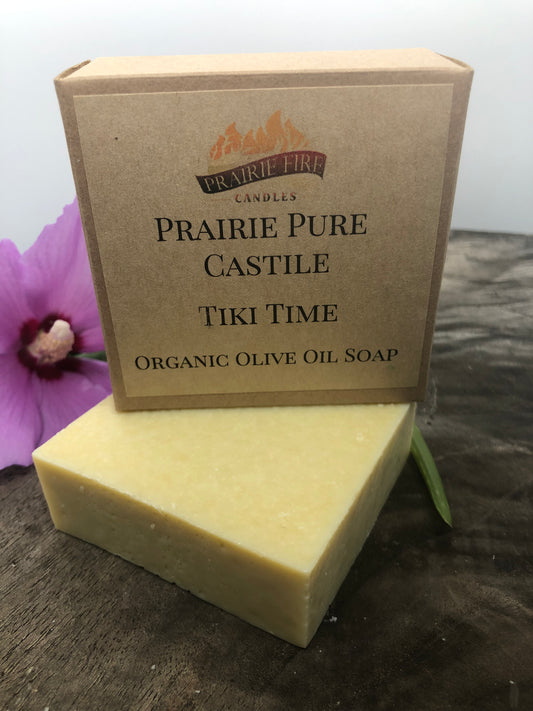 Tiki Time Real Castile Organic Olive Oil Soap for Sensitive Skin - Dye Free - 100% Certified Organic Extra Virgin Olive Oil - Prairie Fire Candles