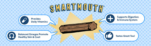 Image showing The Missing Link's Smartmouth Dental Chew with listed benefits.